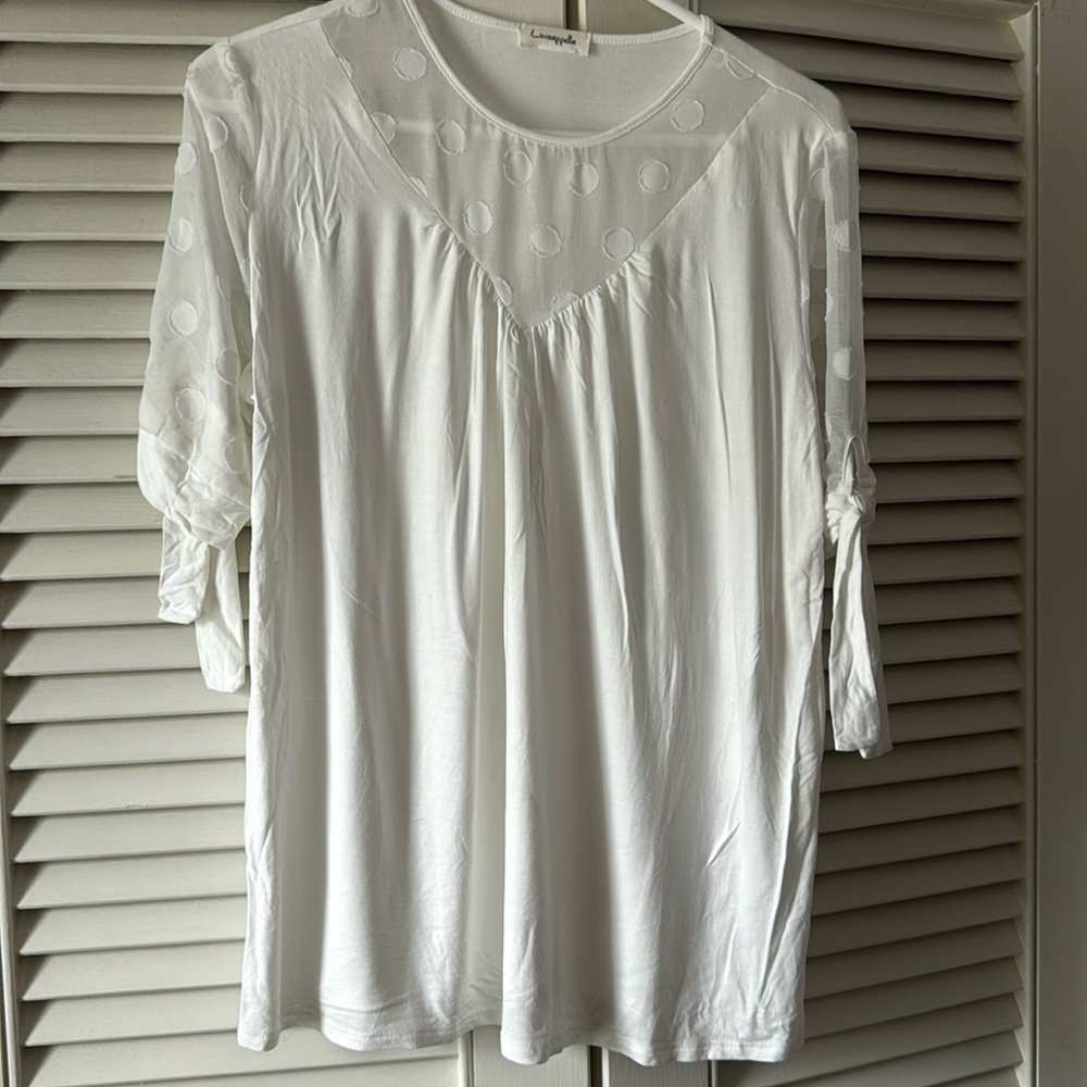 Loveappella brand, cream top with polka dots and ties on the sleeves. Very soft!
